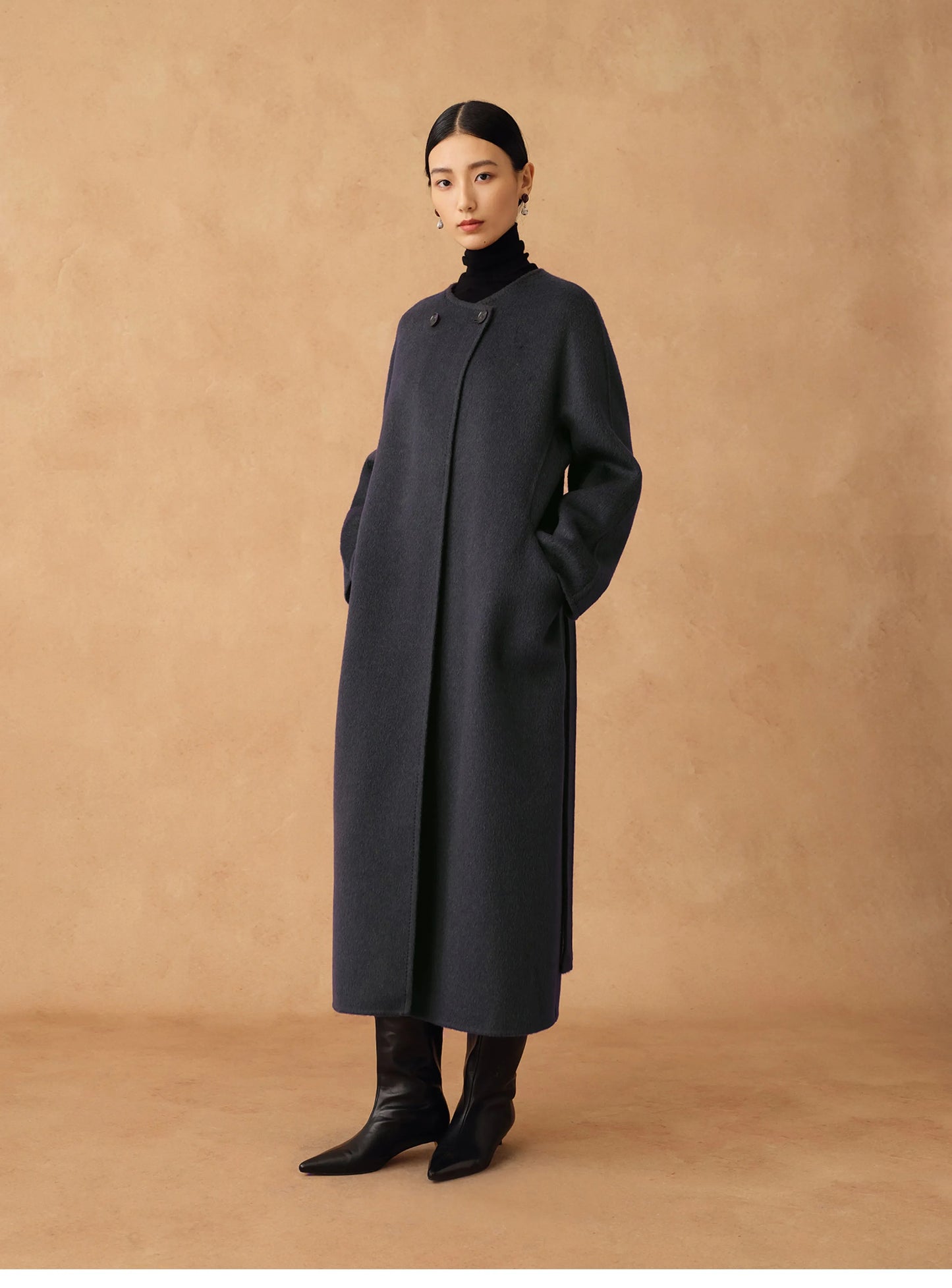Colette | Detachable Scarf-Collar Wool Coat | Belted Long Coat in Double-Faced Merino & Camel Down