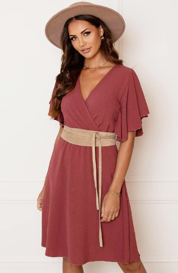 Florence Dusty Rose V-Neck Midi Dress - Style 6
