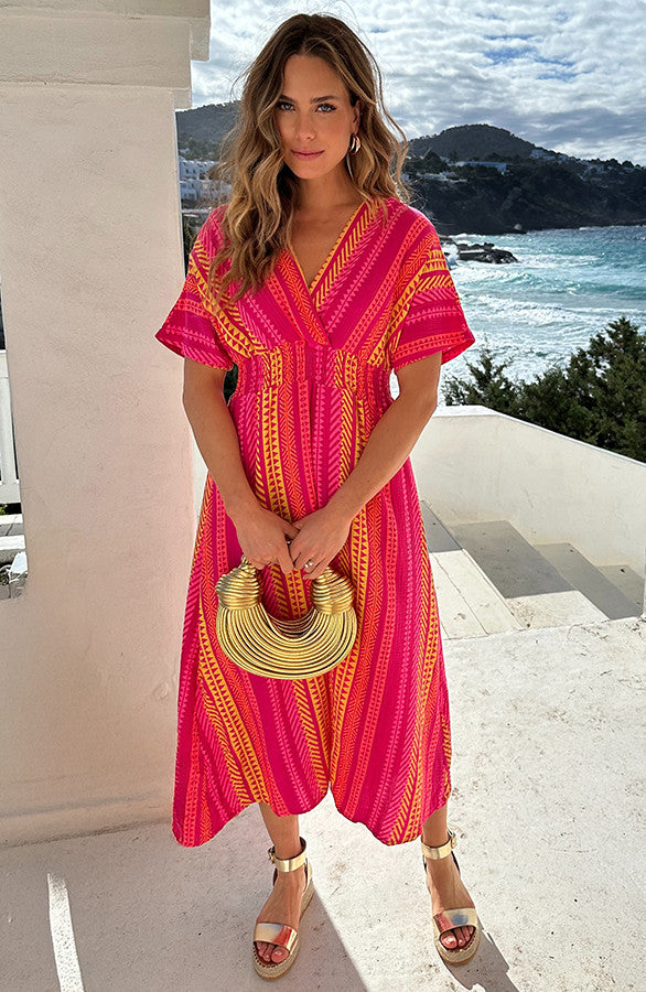 Pink Floral V-Neck Maxi Dress - Full Length
