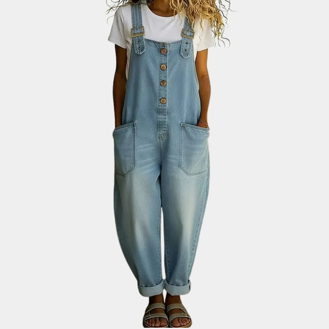 Florence | Vintage Soft Cotton Denim Adjustable-Strap Wide-Leg Jumpsuit