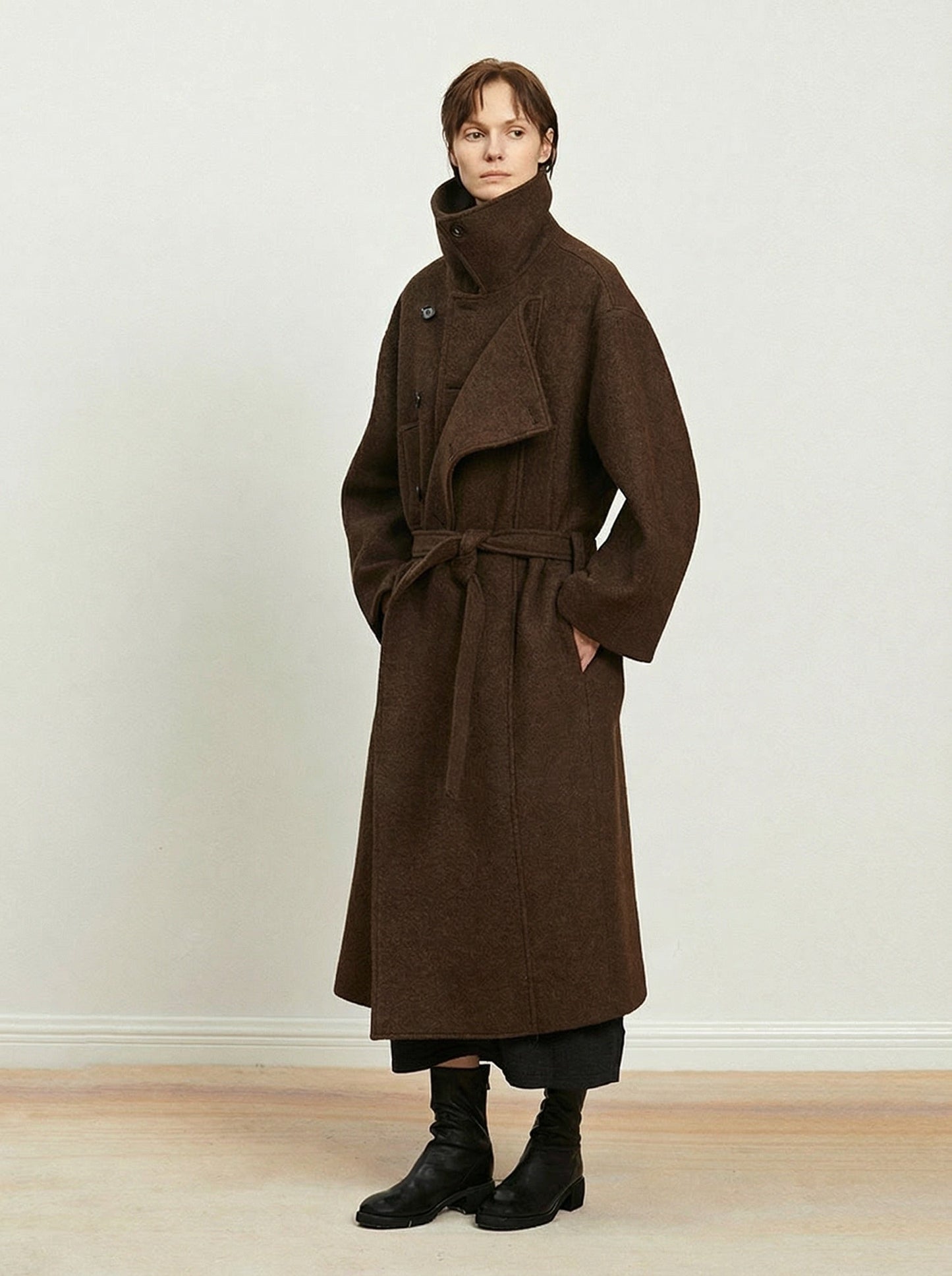 Delphine Belted High-Neck Coat - Licorice Brown
