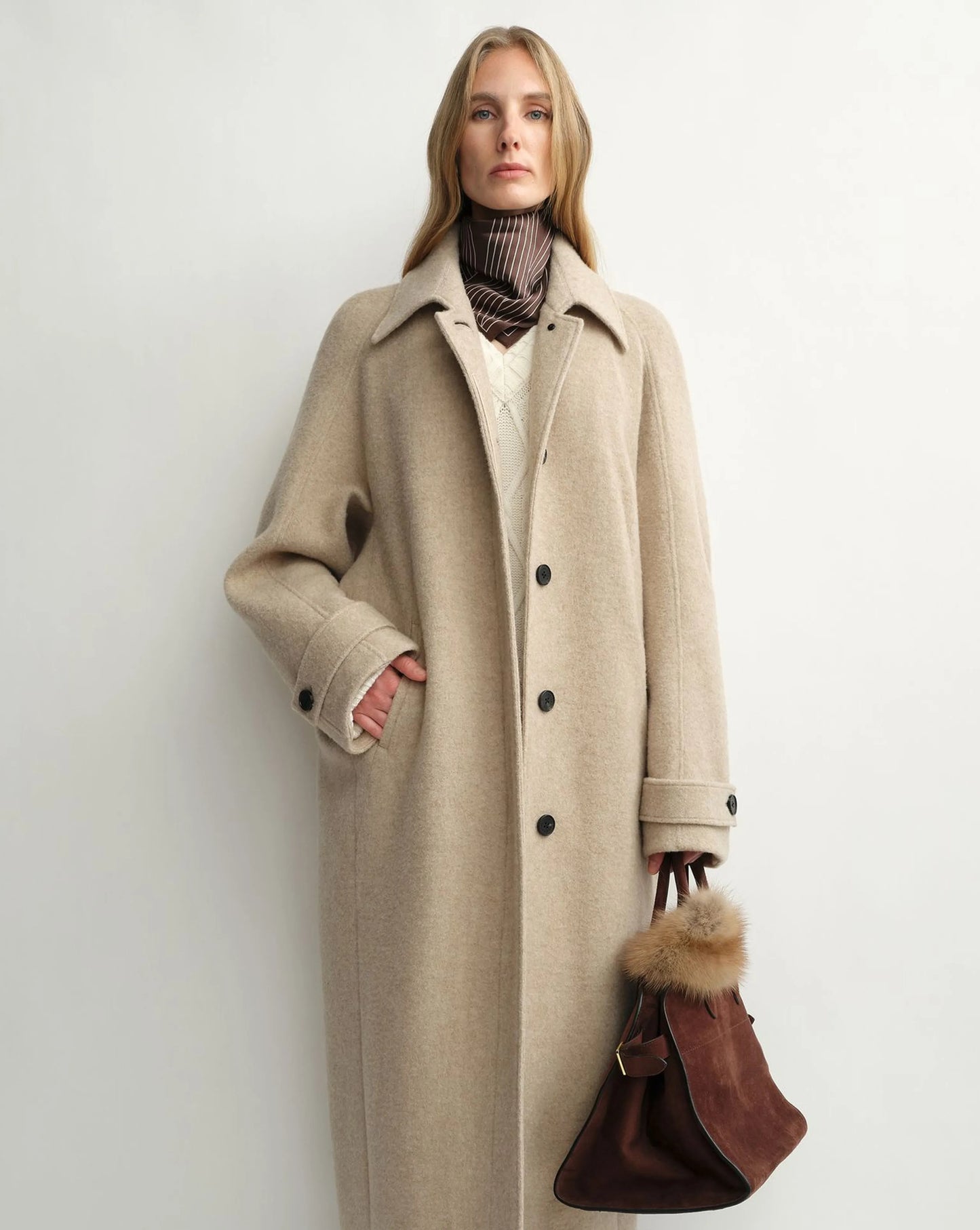 Celeste | Curved Cocoon Wool Coat | British Shetland Wool Long Coat with Raglan Shoulders