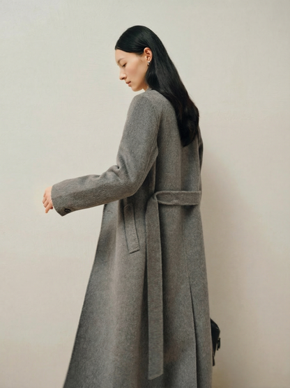 Helena | Heather Grey Overcoat | Belted Double-Breasted Long Coat with Notch Lapels