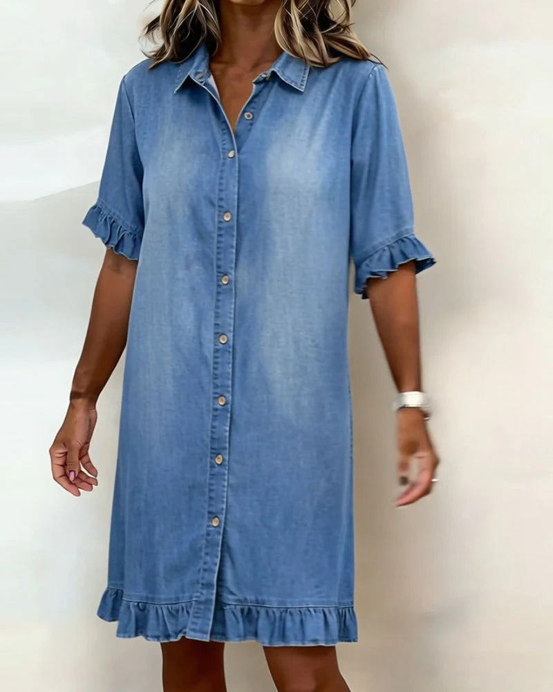 Delphine | Casual Denim Ruffle-Sleeve Button Dress