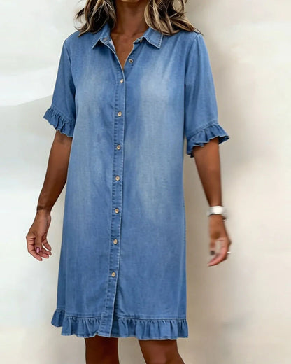Delphine | Casual Denim Ruffle-Sleeve Button Dress