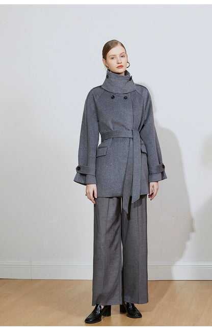 Margot | Belted Wool-Blend Coat | Mid-Length Double-Breasted Coat with Funnel Collar