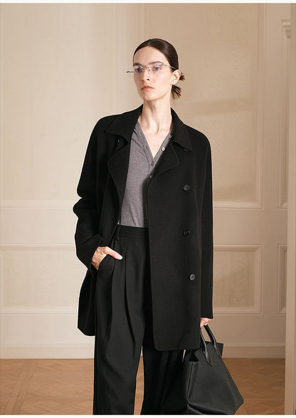 Isabella | Double-Breasted Merino Wool Coat | Mid-Thigh Coat with Notch Lapels & Horn Buttons