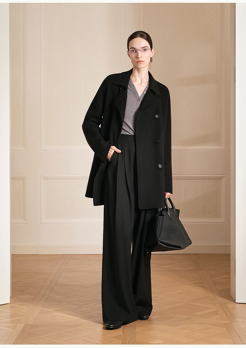 Isabella | Double-Breasted Merino Wool Coat | Mid-Thigh Coat with Notch Lapels & Horn Buttons