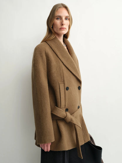 Camille | Alpaca Wool Shawl-Collar Coat | Double-Breasted Belted Short Coat with Detachable Fur Collar