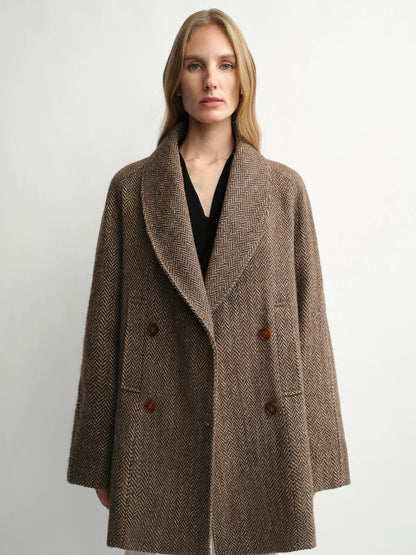 Camille | Alpaca Wool Shawl-Collar Coat | Double-Breasted Belted Short Coat with Detachable Fur Collar