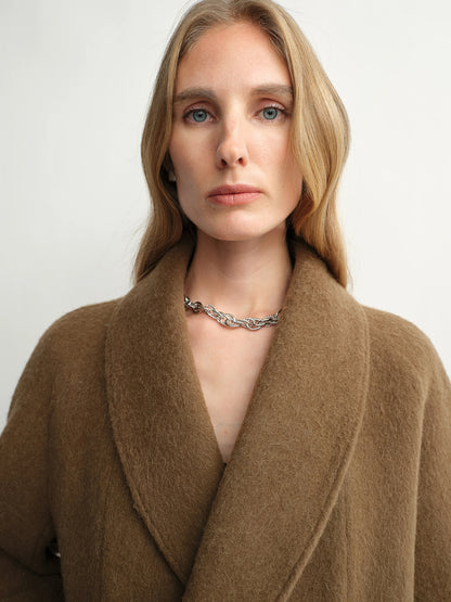 Camille | Alpaca Wool Shawl-Collar Coat | Double-Breasted Belted Short Coat with Detachable Fur Collar