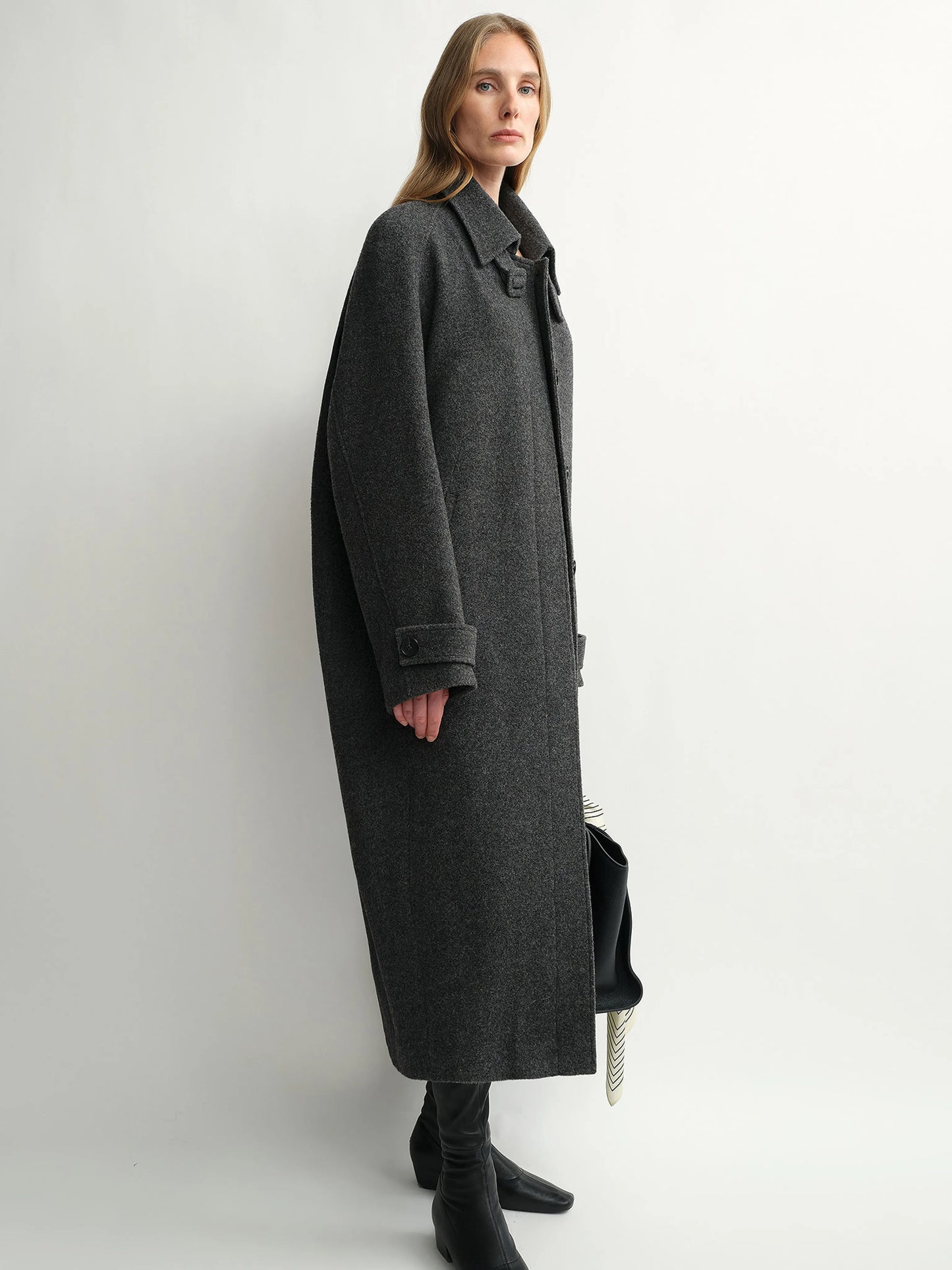 Celeste | Curved Cocoon Wool Coat | British Shetland Wool Long Coat with Raglan Shoulders