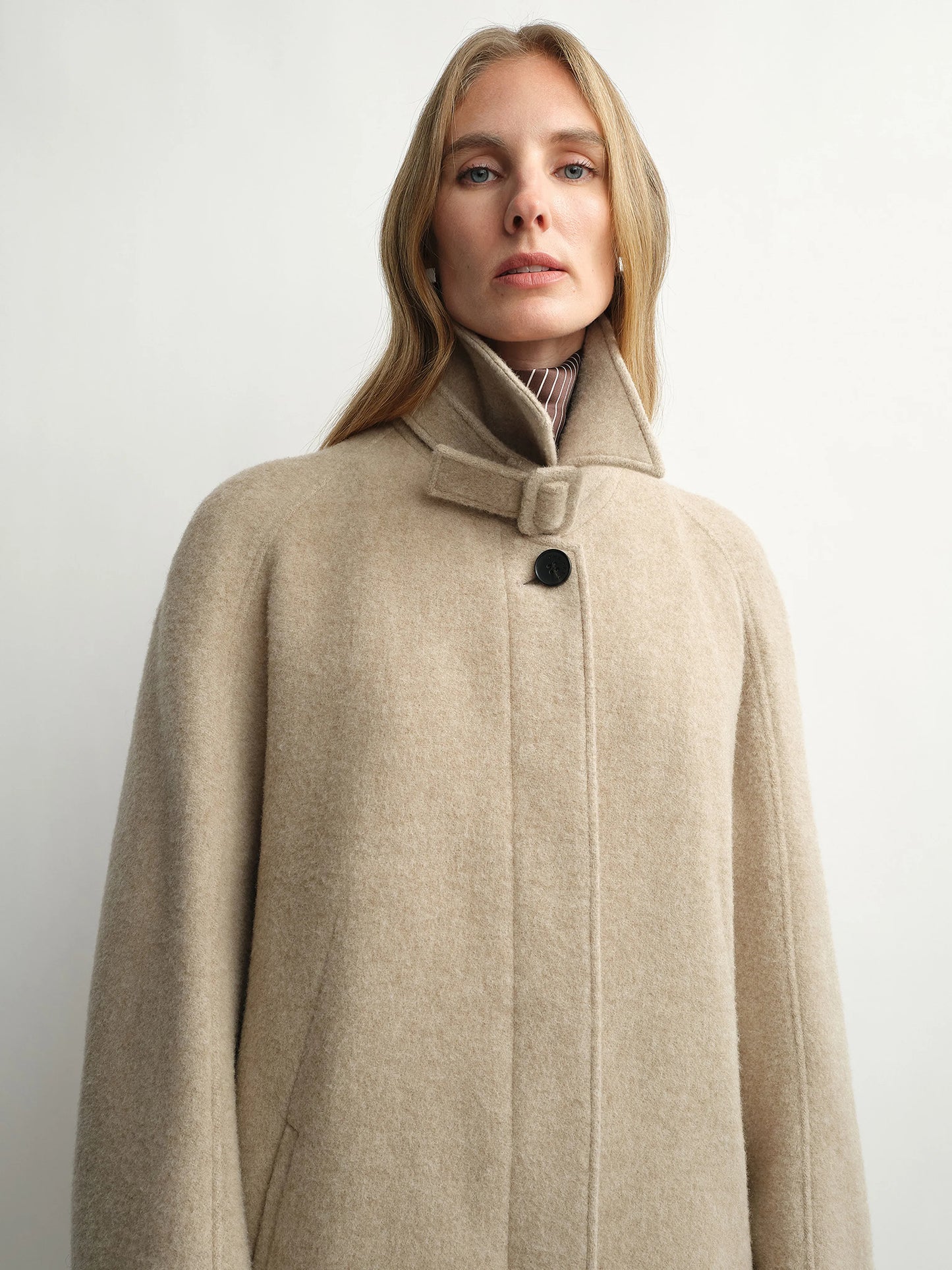 Celeste | Curved Cocoon Wool Coat | British Shetland Wool Long Coat with Raglan Shoulders