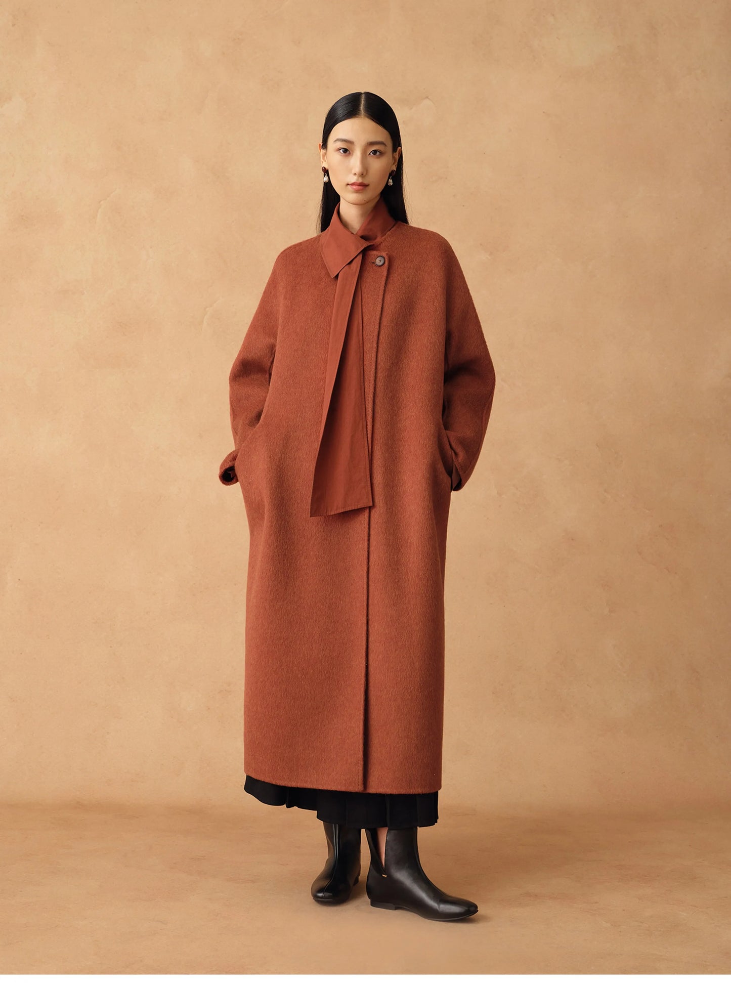 Colette | Detachable Scarf-Collar Wool Coat | Belted Long Coat in Double-Faced Merino & Camel Down