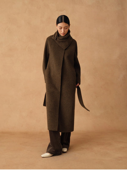 Colette | Detachable Scarf-Collar Wool Coat | Belted Long Coat in Double-Faced Merino & Camel Down