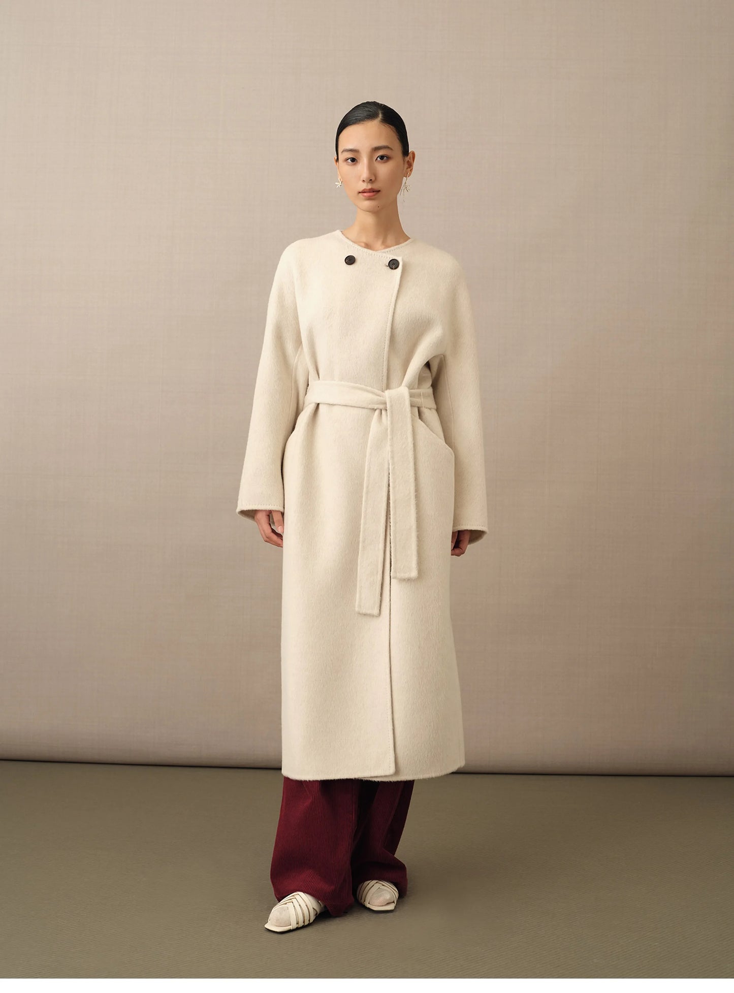 Colette | Detachable Scarf-Collar Wool Coat | Belted Long Coat in Double-Faced Merino & Camel Down