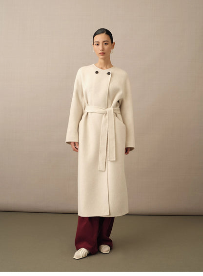 Colette | Detachable Scarf-Collar Wool Coat | Belted Long Coat in Double-Faced Merino & Camel Down
