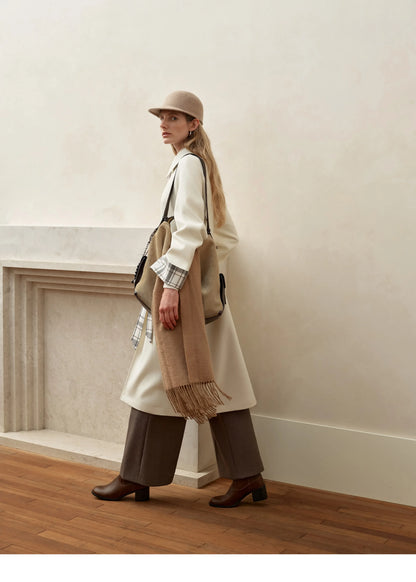 Vivienne | Merino Plaid-Cuff Long Coat | Single-Breasted Coat with Raglan Sleeves & Plaid Turn-Back Cuffs