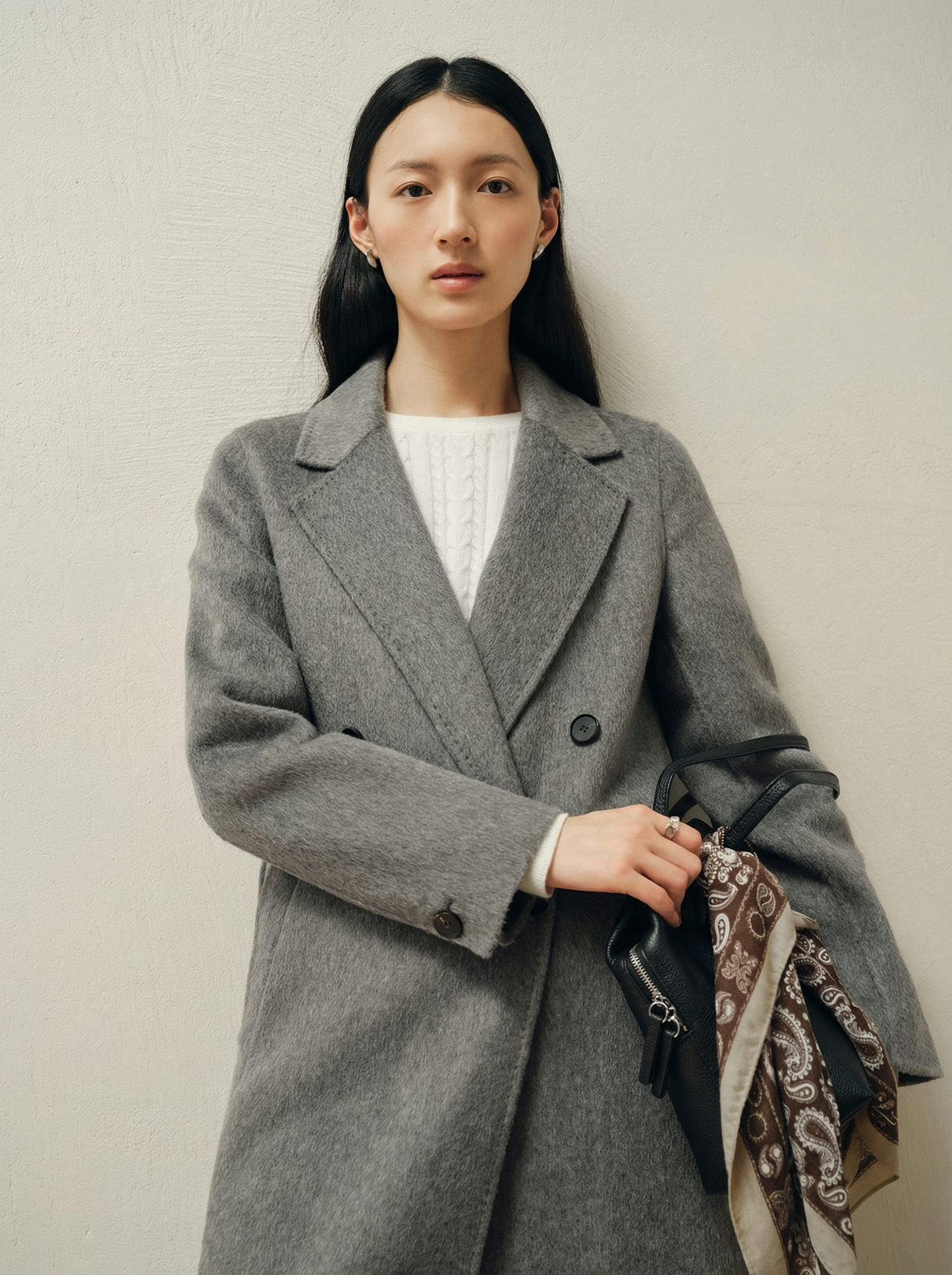 Helena | Heather Grey Overcoat | Belted Double-Breasted Long Coat with Notch Lapels