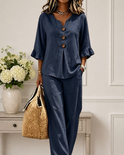 Luminara | Elegant Ruffle Sleeve Top with Wide-Leg Pants