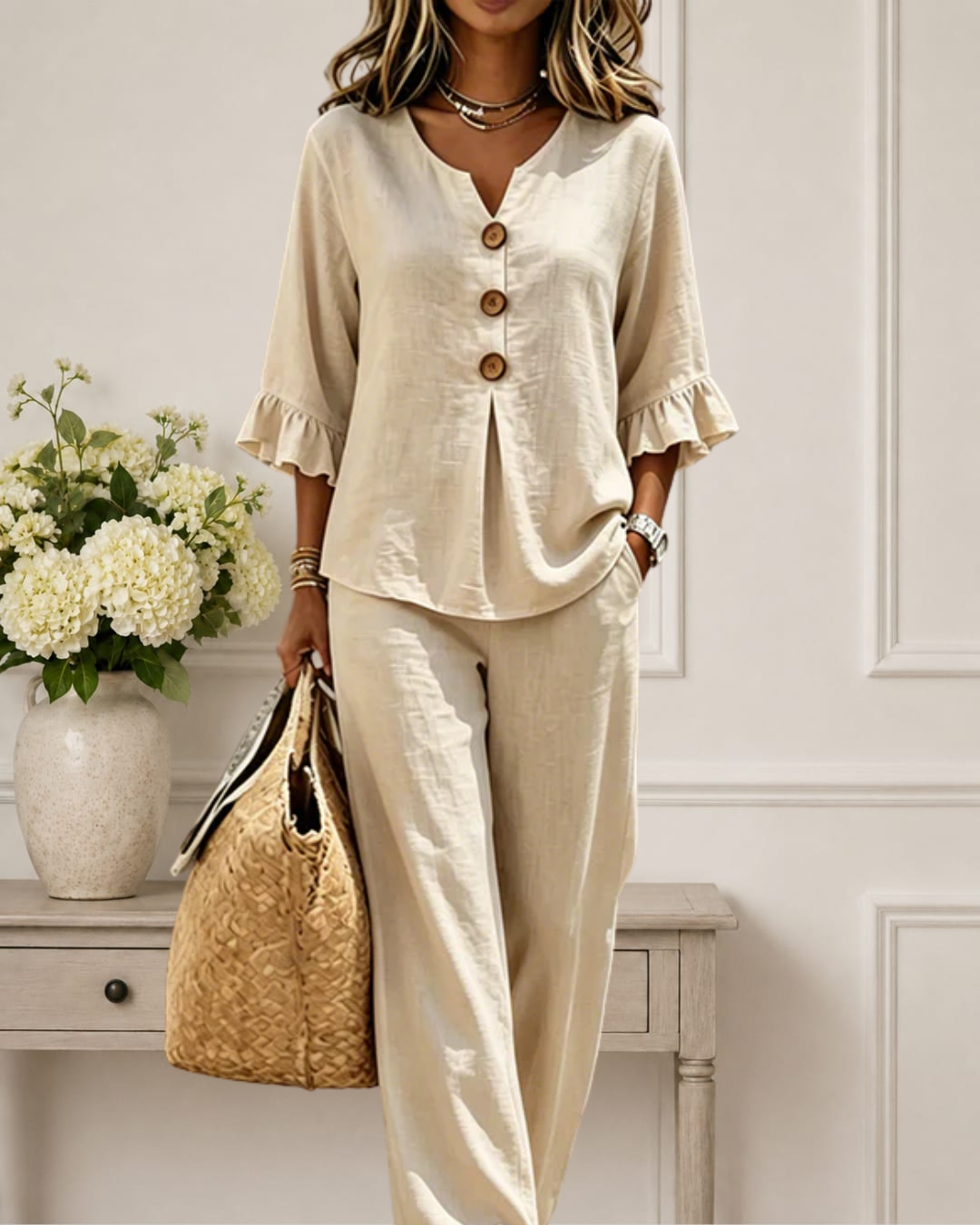 Luminara | Elegant Ruffle Sleeve Top with Wide-Leg Pants