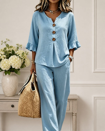 Luminara | Elegant Ruffle Sleeve Top with Wide-Leg Pants