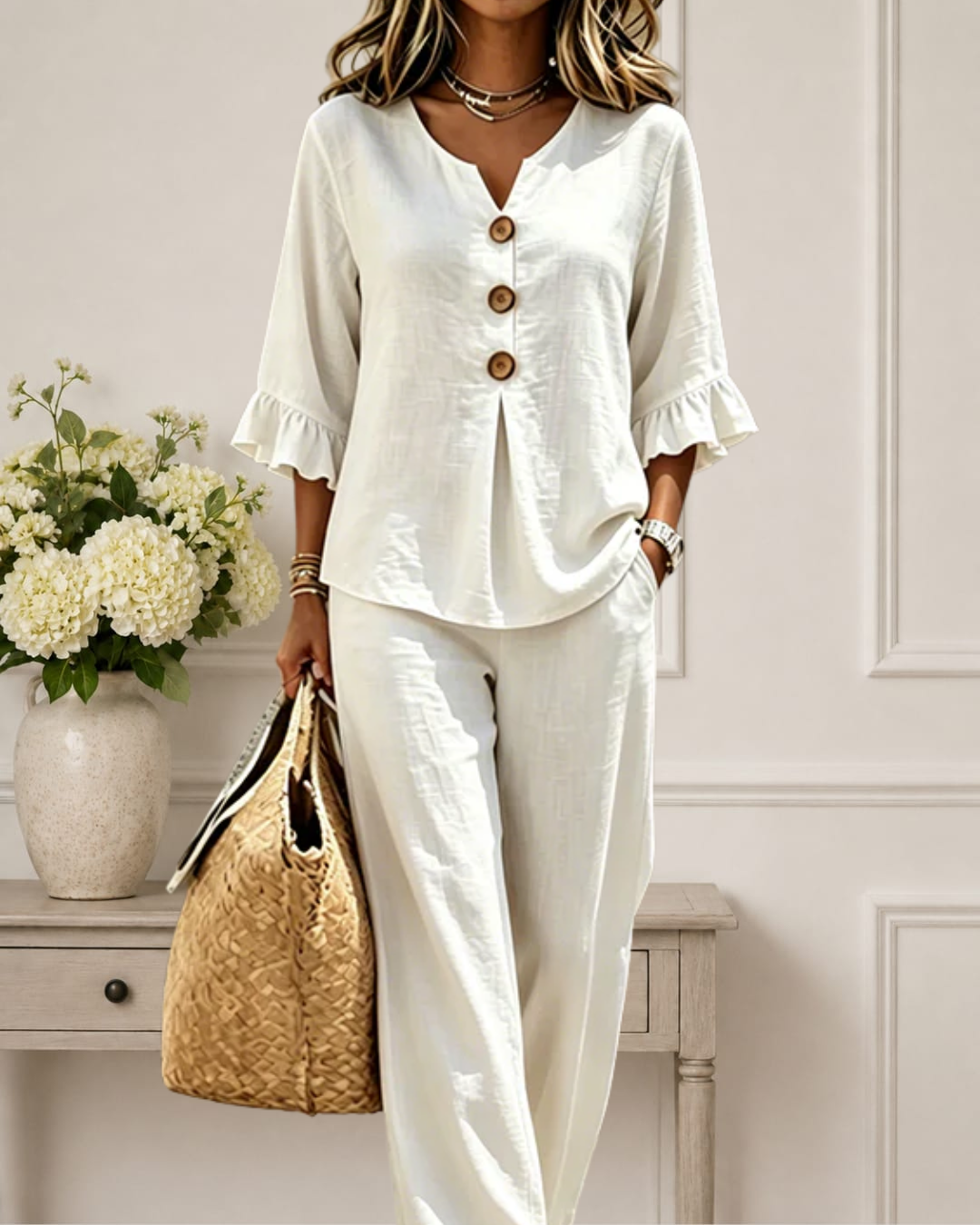 Luminara | Elegant Ruffle Sleeve Top with Wide-Leg Pants