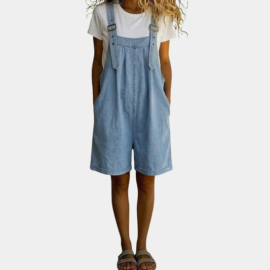Rowena | Vintage Washed Short Denim Jumpsuit with Adjustable Straps