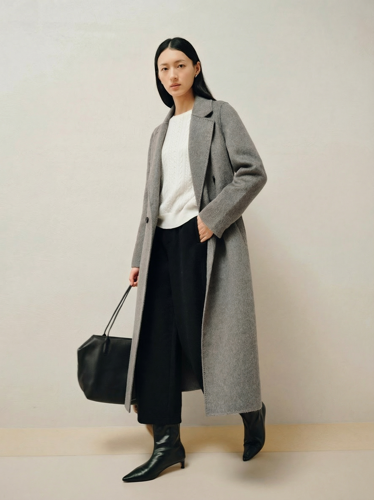 Helena | Heather Grey Overcoat | Belted Double-Breasted Long Coat with Notch Lapels