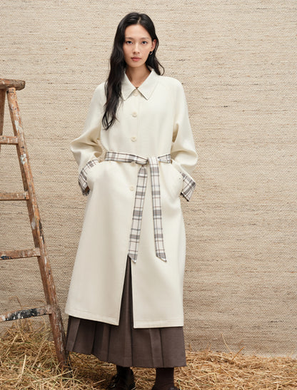 Vivienne | Merino Plaid-Cuff Long Coat | Single-Breasted Coat with Raglan Sleeves & Plaid Turn-Back Cuffs