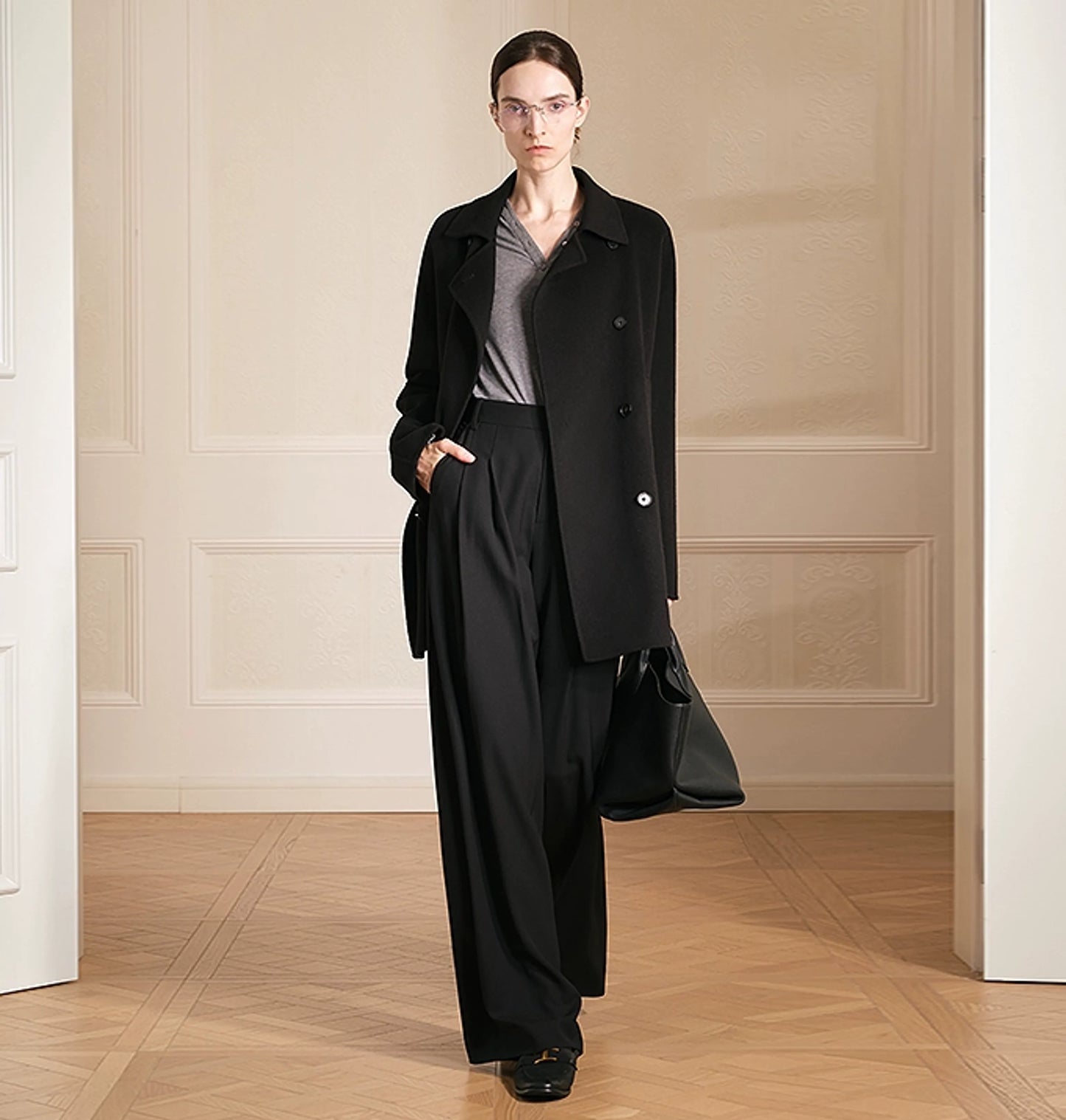 Isabella | Double-Breasted Merino Wool Coat | Mid-Thigh Coat with Notch Lapels & Horn Buttons