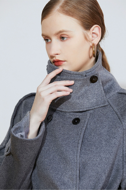 Margot | Belted Wool-Blend Coat | Mid-Length Double-Breasted Coat with Funnel Collar