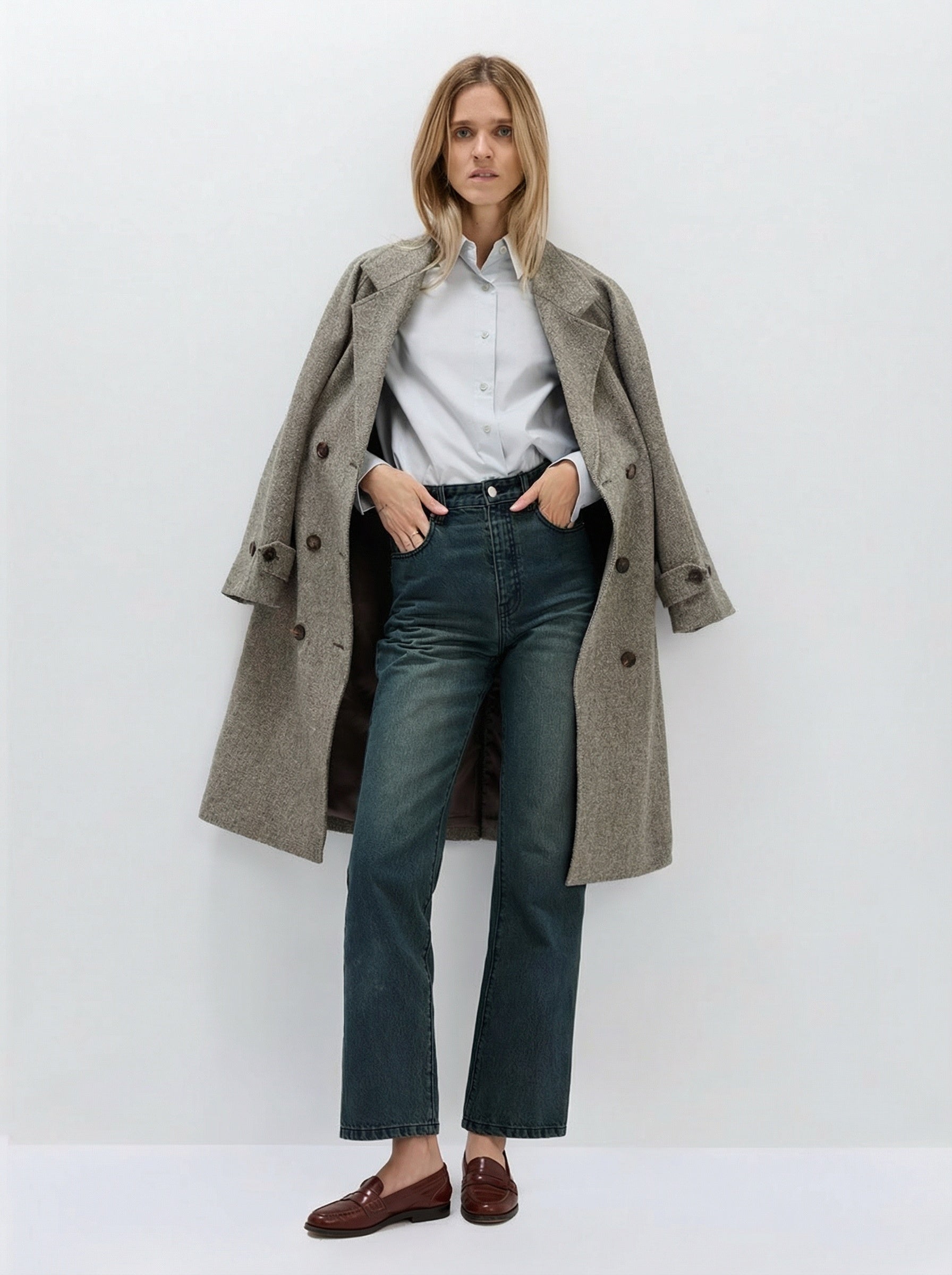 Rosalie Herringbone Double-Breasted Coat