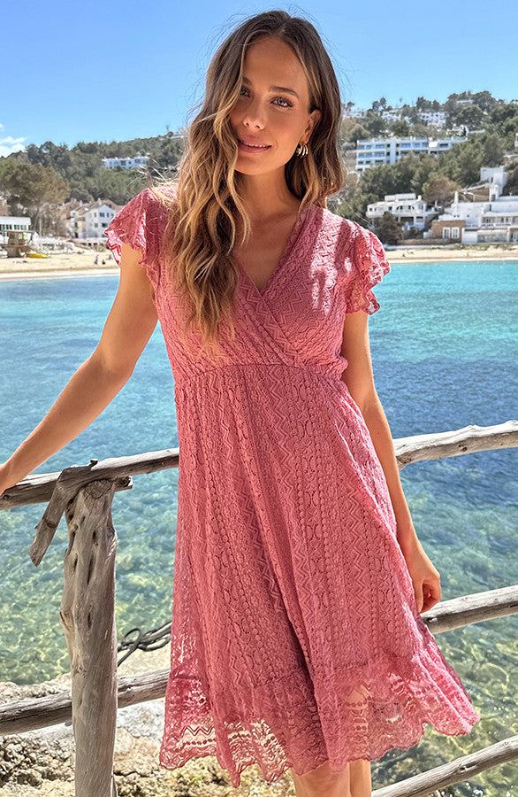 Bohemian Lace Dusty Rose Midi Dress - Back View
