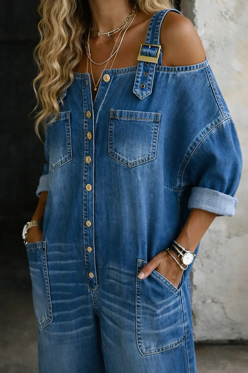 Camille | Off-Shoulder Square Neck Denim Dress