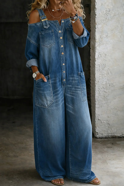 Camille | Off-Shoulder Square Neck Denim Dress