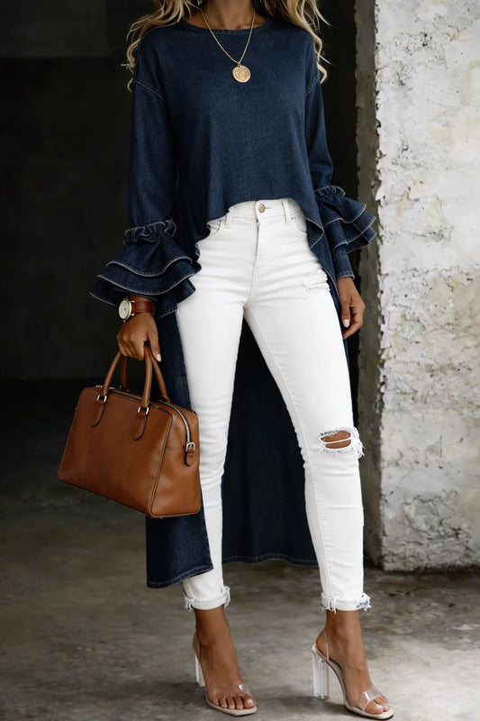 Beatrix | Casual V-Neck ¾ Sleeve Denim Shirt Top