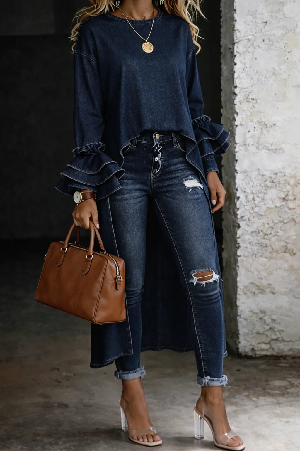 Beatrix | Casual V-Neck ¾ Sleeve Denim Shirt Top