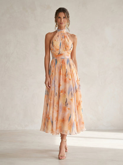 Esther Watercolor Print Halter Neck Midi Dress | Norella Boutique Boston
