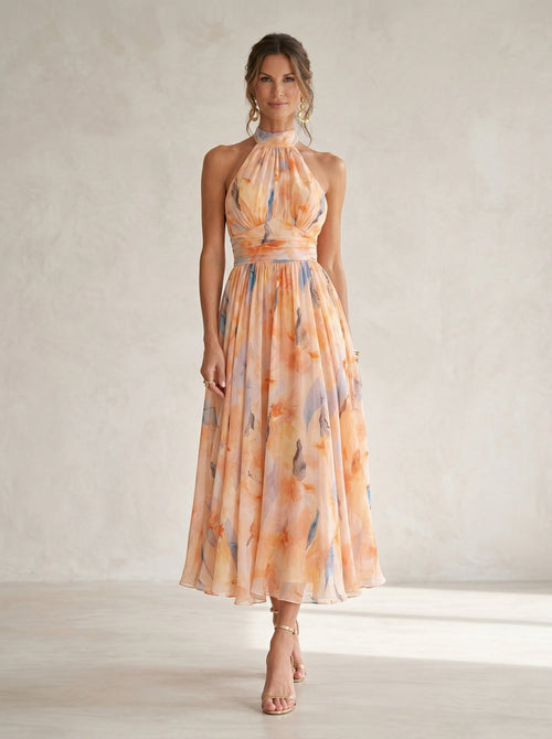 Esther Watercolor Print Halter Neck Midi Dress | Norella Boutique Boston
