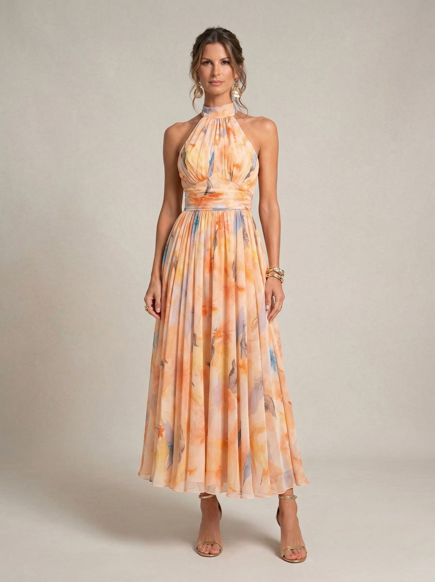 Esther Watercolor Print Halter Neck Midi Dress | Norella Boutique Boston