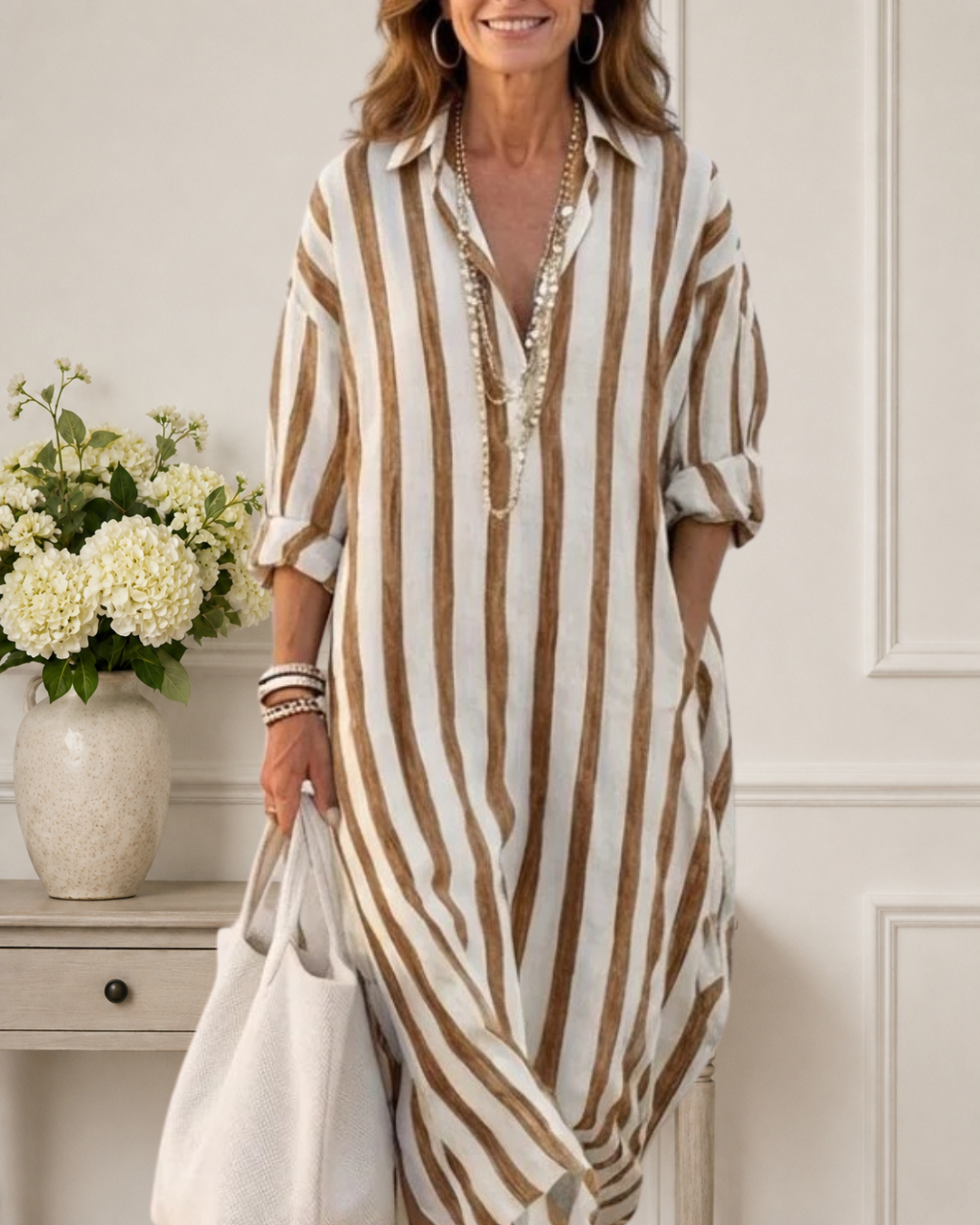 Amara | Long Sleeve Striped Midi Shirt Dress