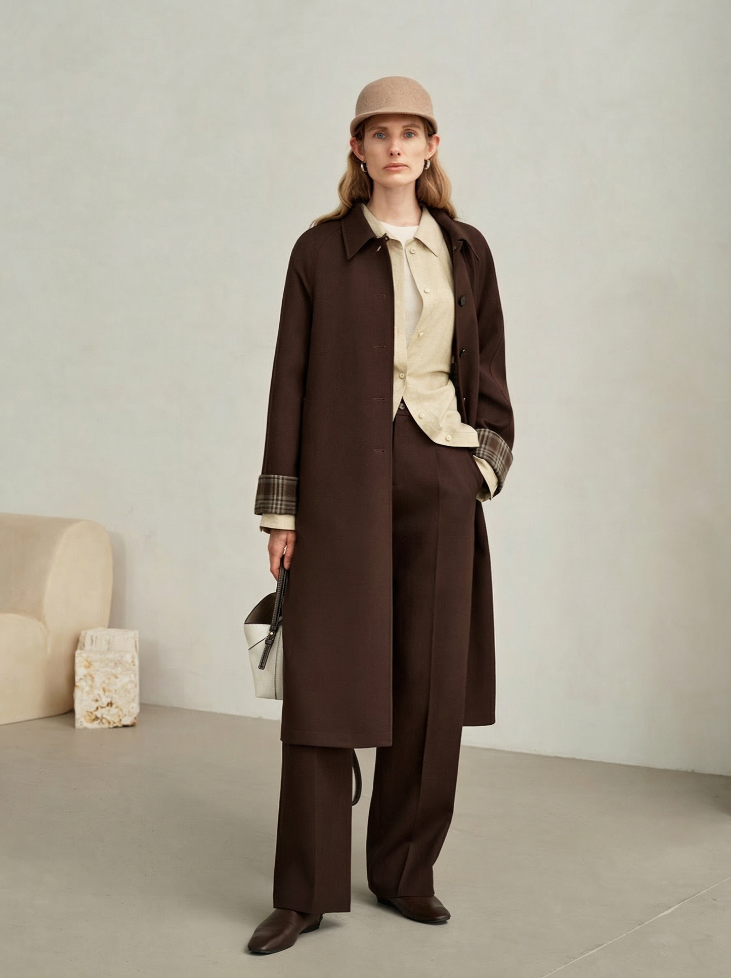 Vivienne | Merino Plaid-Cuff Long Coat | Single-Breasted Coat with Raglan Sleeves & Plaid Turn-Back Cuffs