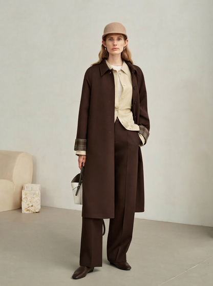 Vivienne | Merino Plaid-Cuff Long Coat | Single-Breasted Coat with Raglan Sleeves & Plaid Turn-Back Cuffs