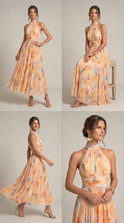 Esther Watercolor Print Halter Neck Midi Dress | Norella Boutique Boston