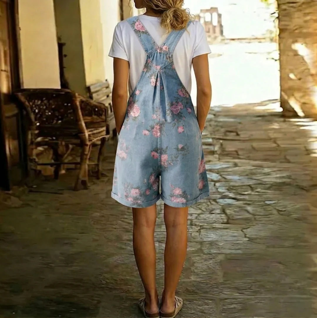 Sofyan | Vintage Floral Soft Cotton Denim Adjustable-Strap Jumpsuit