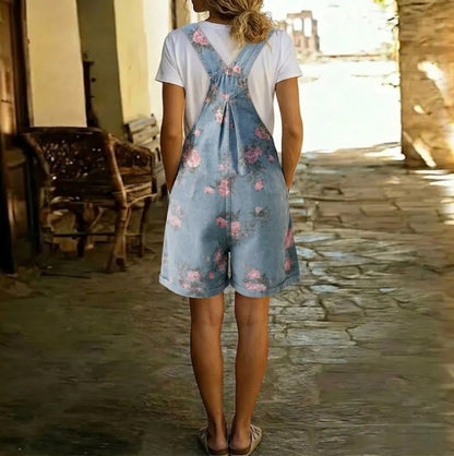 Sofyan | Vintage Floral Soft Cotton Denim Adjustable-Strap Jumpsuit