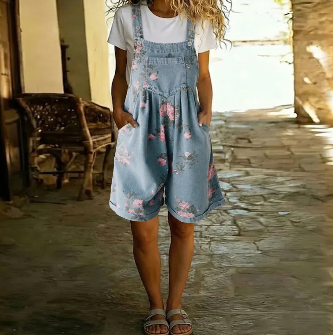 Sofyan | Vintage Floral Soft Cotton Denim Adjustable-Strap Jumpsuit