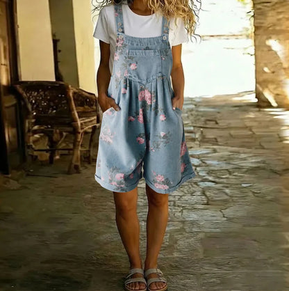 Sofyan | Vintage Floral Soft Cotton Denim Adjustable-Strap Jumpsuit