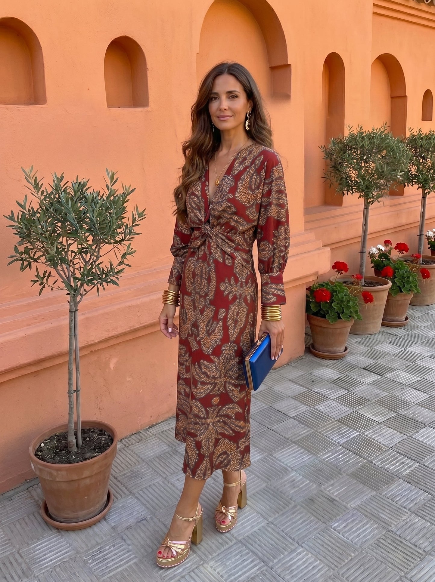 Silvia Artistic Print V-Neck Long Sleeve Midi Dress | Norella Boutique Boston